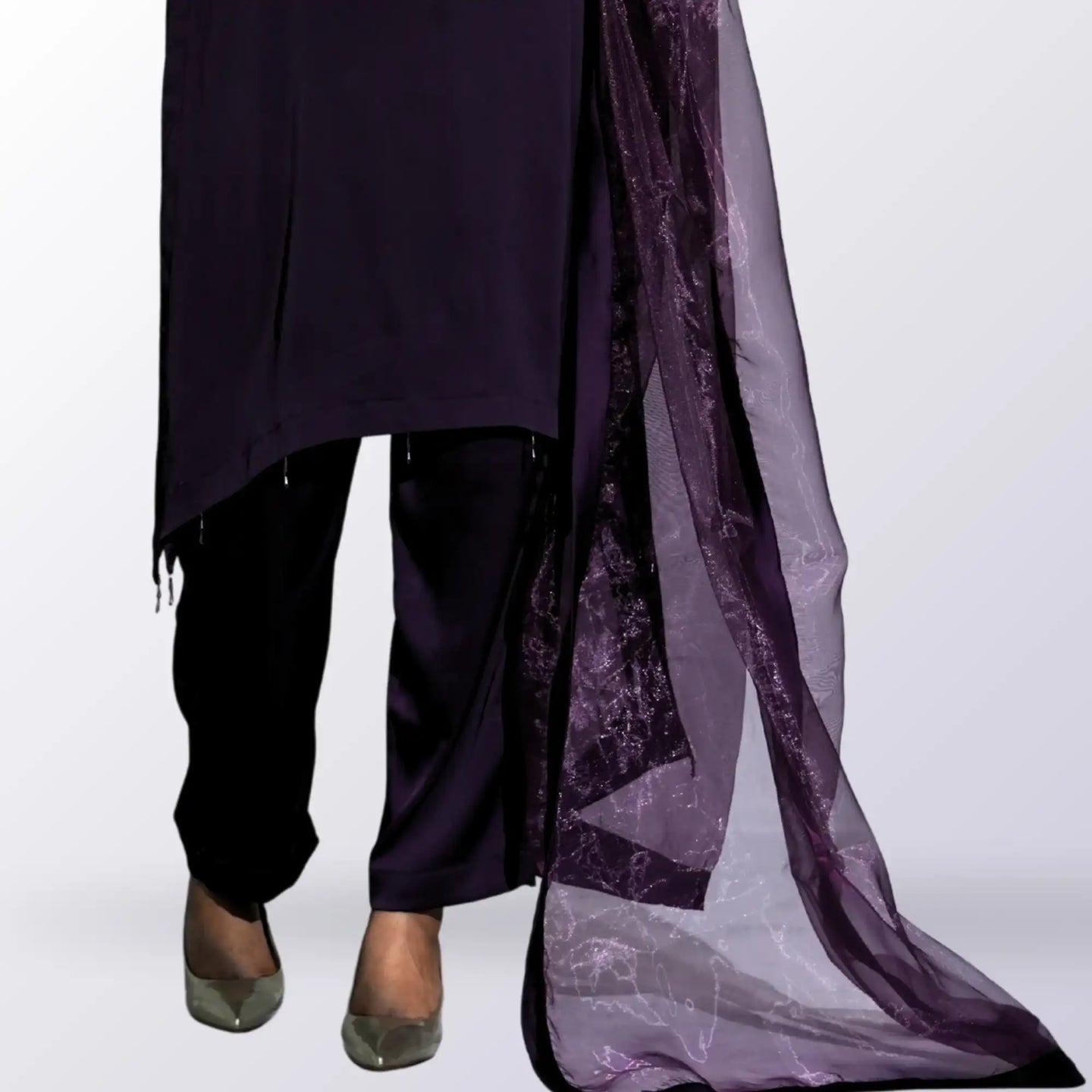 VelouraX 3-Piece Set: Rich Damson Silk, U-Shaped Hem, and Organza Dupatta