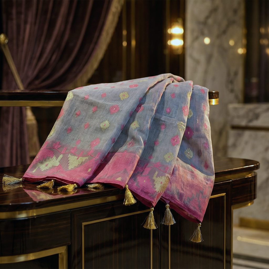 Silver Ash Handloom Dhakai Jamdani Saree: Authentic Craft, Classic Motifs