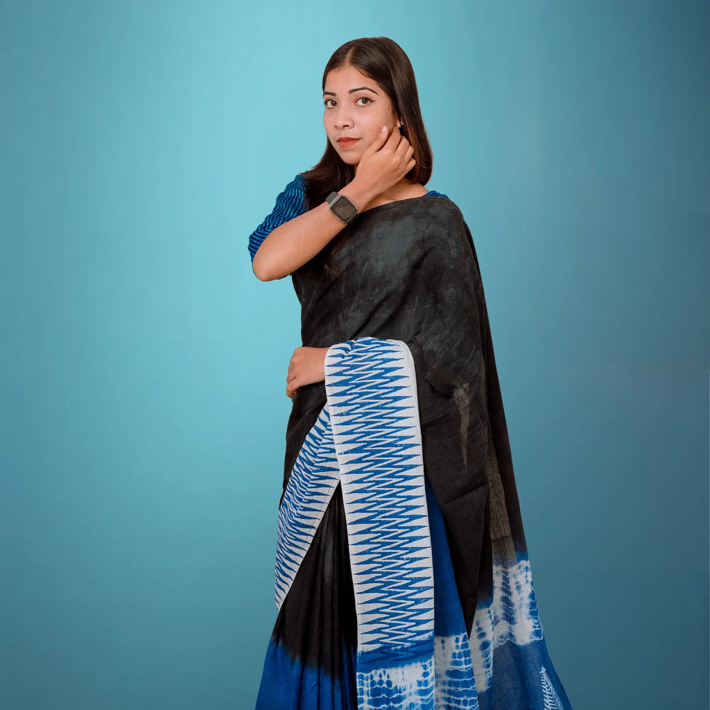Classic Handcrafted Indigo NoirX Cotta Cotton Saree (Black & Blue Two-Tone)