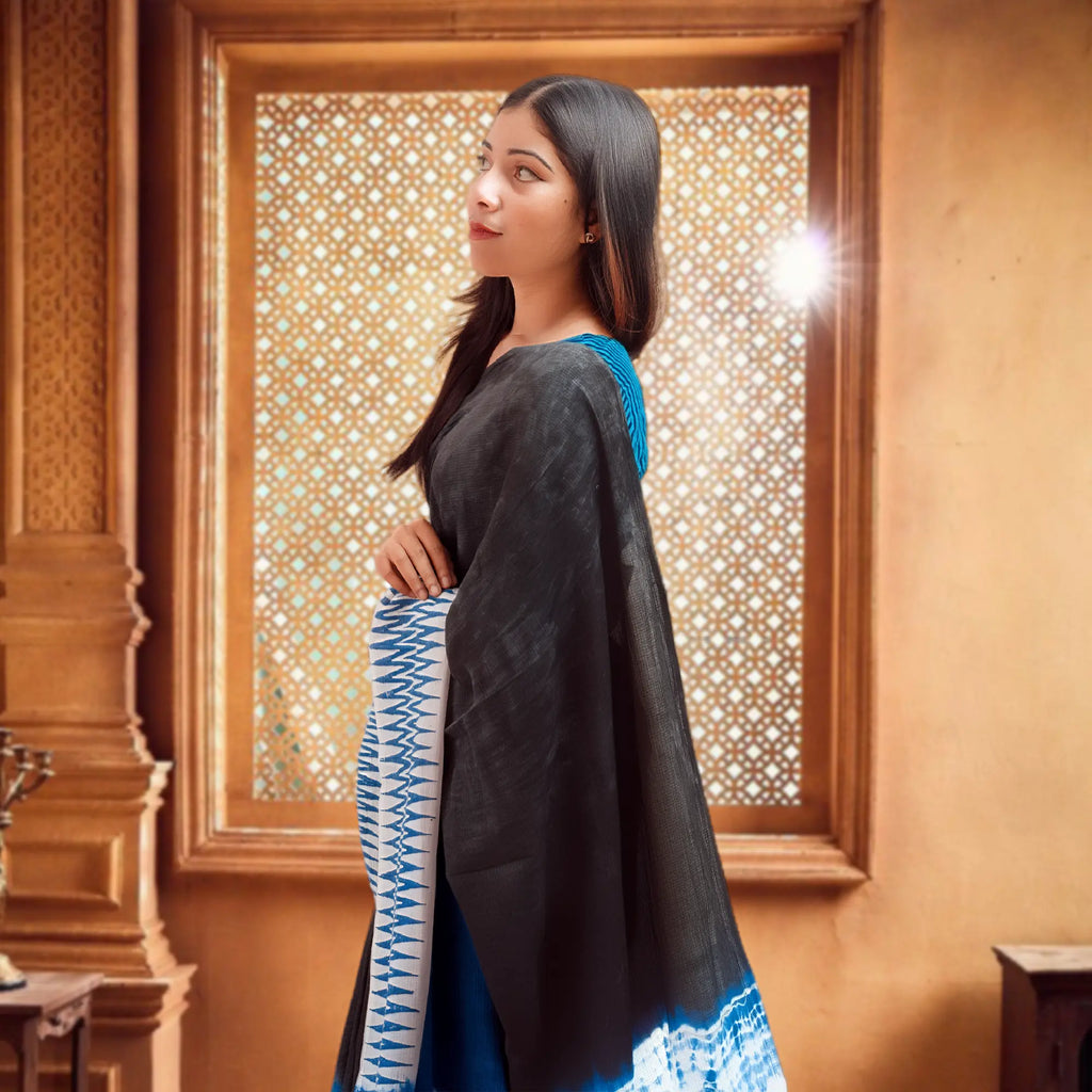 Classic Handcrafted Indigo NoirX Cotta Cotton Saree (Black & Blue Two-Tone)