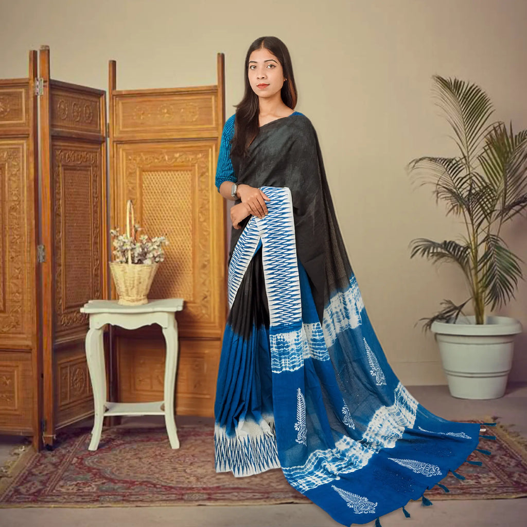 Classic Handcrafted Indigo NoirX Cotta Cotton Saree (Black & Blue Two-Tone)