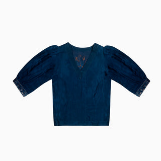 Blue CraftX Silk Blouse With Hand Embroidery & Batik Design