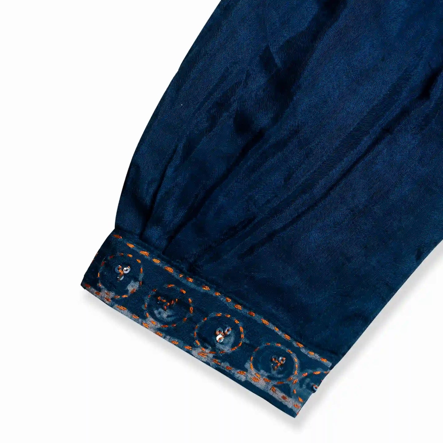 Blue CraftX Silk Blouse With Hand Embroidery & Batik Design