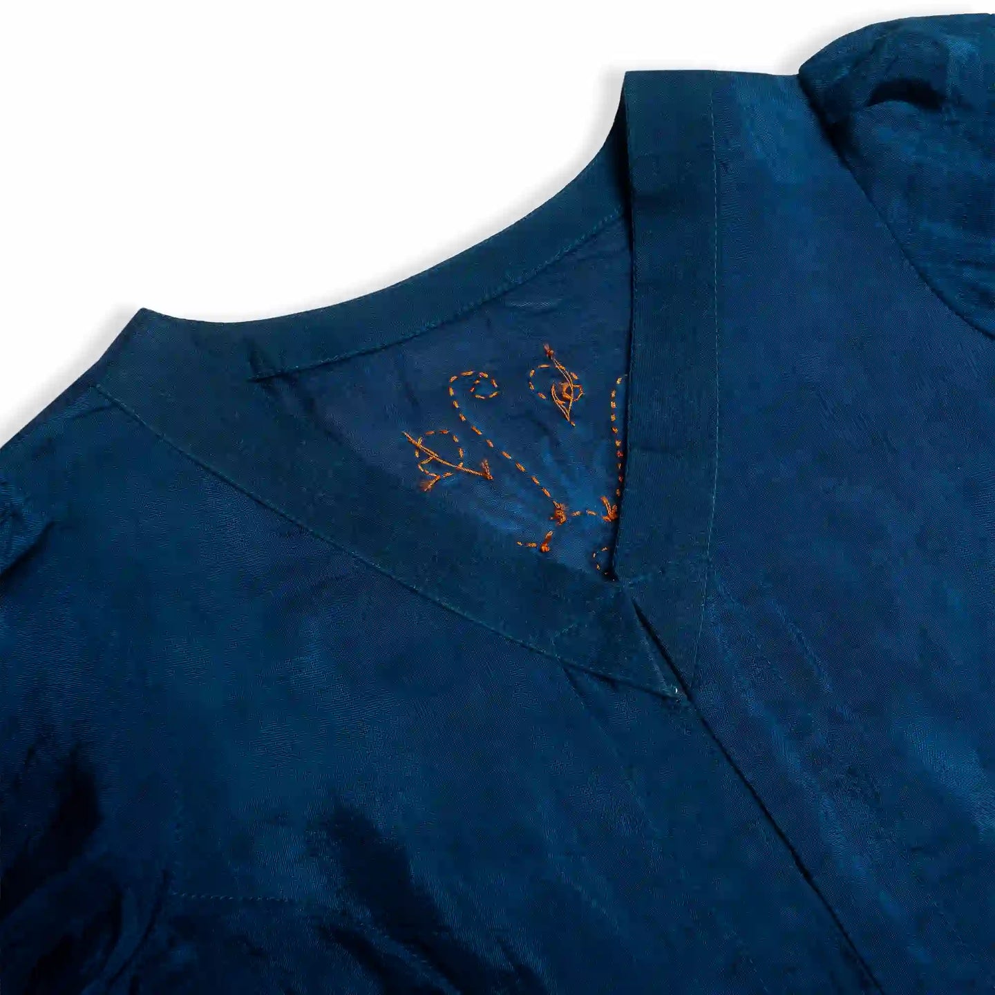Blue CraftX Silk Blouse With Hand Embroidery & Batik Design