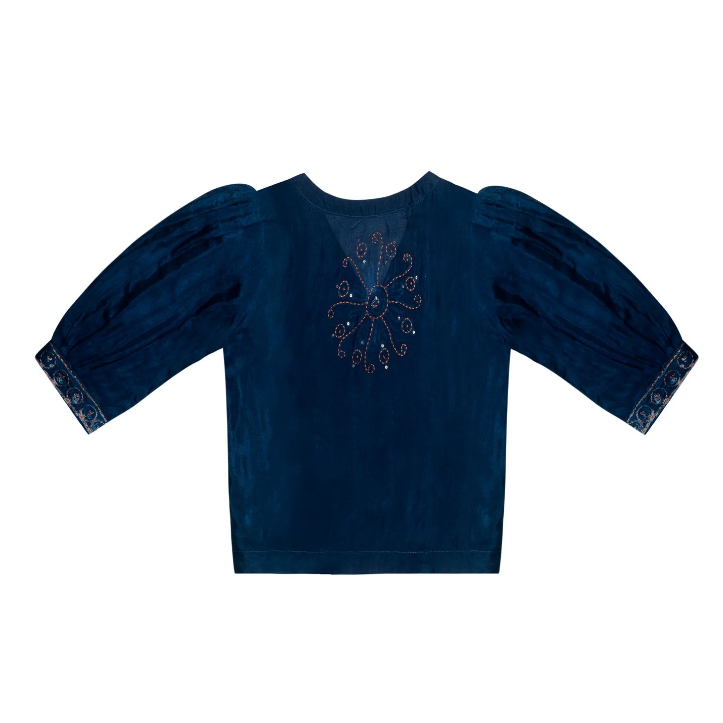 Blue CraftX Silk Blouse With Hand Embroidery & Batik Design