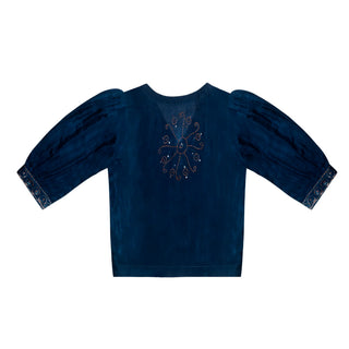Blue CraftX Silk Blouse With Hand Embroidery & Batik Design
