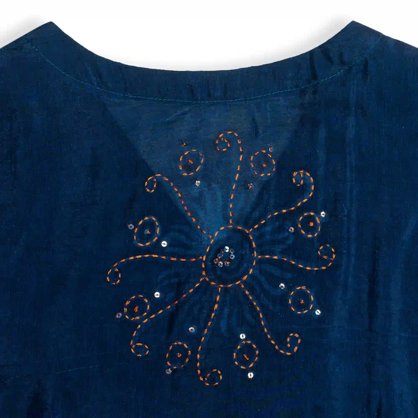 Blue CraftX Silk Blouse With Hand Embroidery & Batik Design