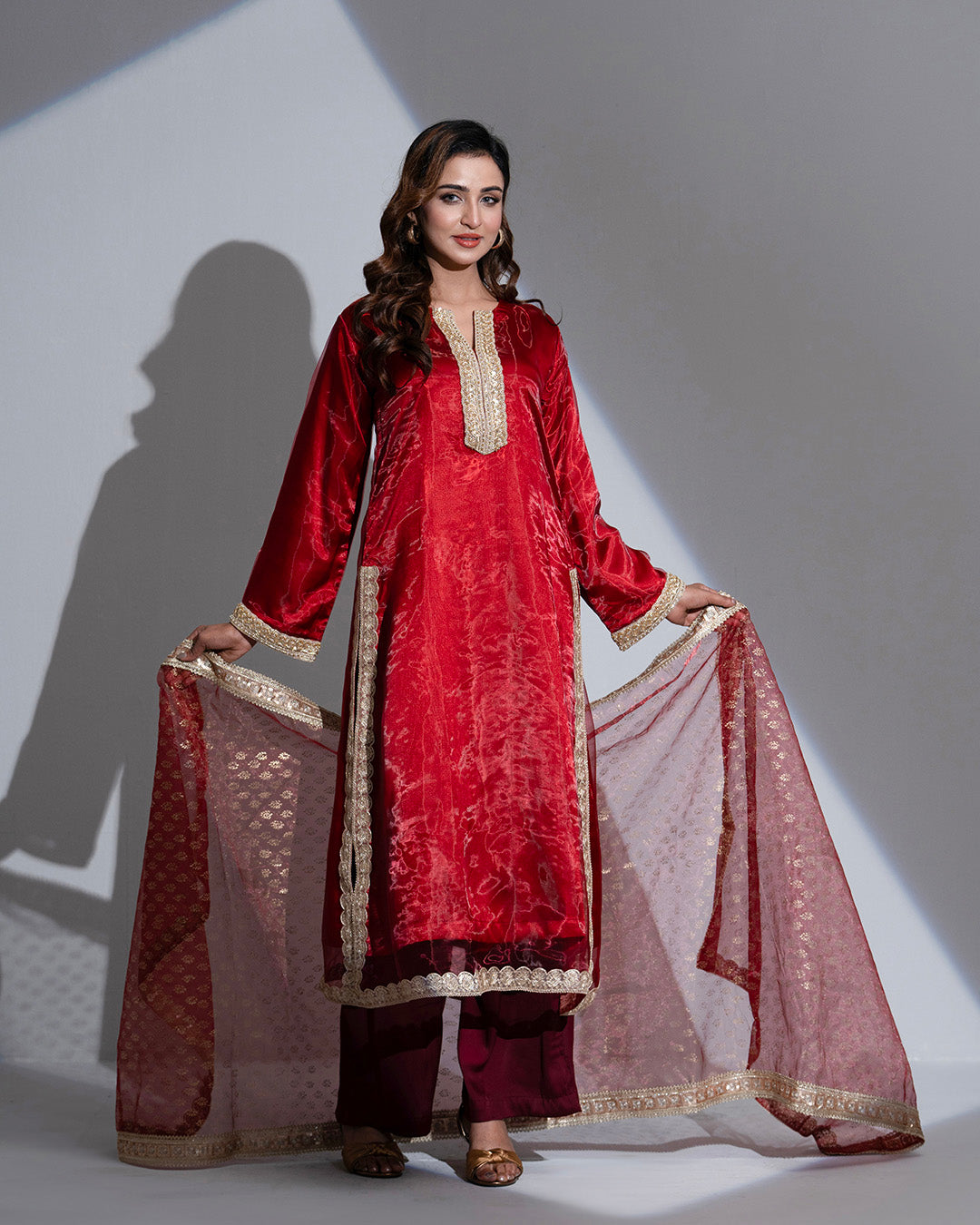 JuiietX 3-Piece Suit: Sheer Maroon Organza, Delicate Lace, and Golden Jari