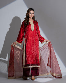 JuiietX 3-Piece Suit: Sheer Maroon Organza, Delicate Lace, and Golden Jari