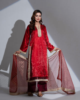 JuiietX 3-Piece Suit: Sheer Maroon Organza, Delicate Lace, and Golden Jari