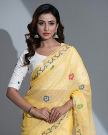 Summer GoldX Handloom Saree: Lime Yellow with Golden Jari & Hand Embroidery