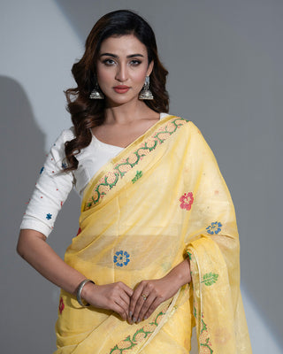 Summer GoldX Handloom Saree: Lime Yellow with Golden Jari & Hand Embroidery