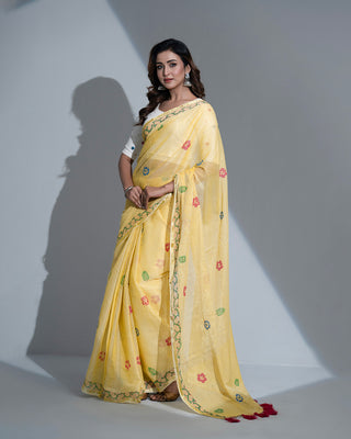 Summer GoldX Handloom Saree: Lime Yellow with Golden Jari & Hand Embroidery