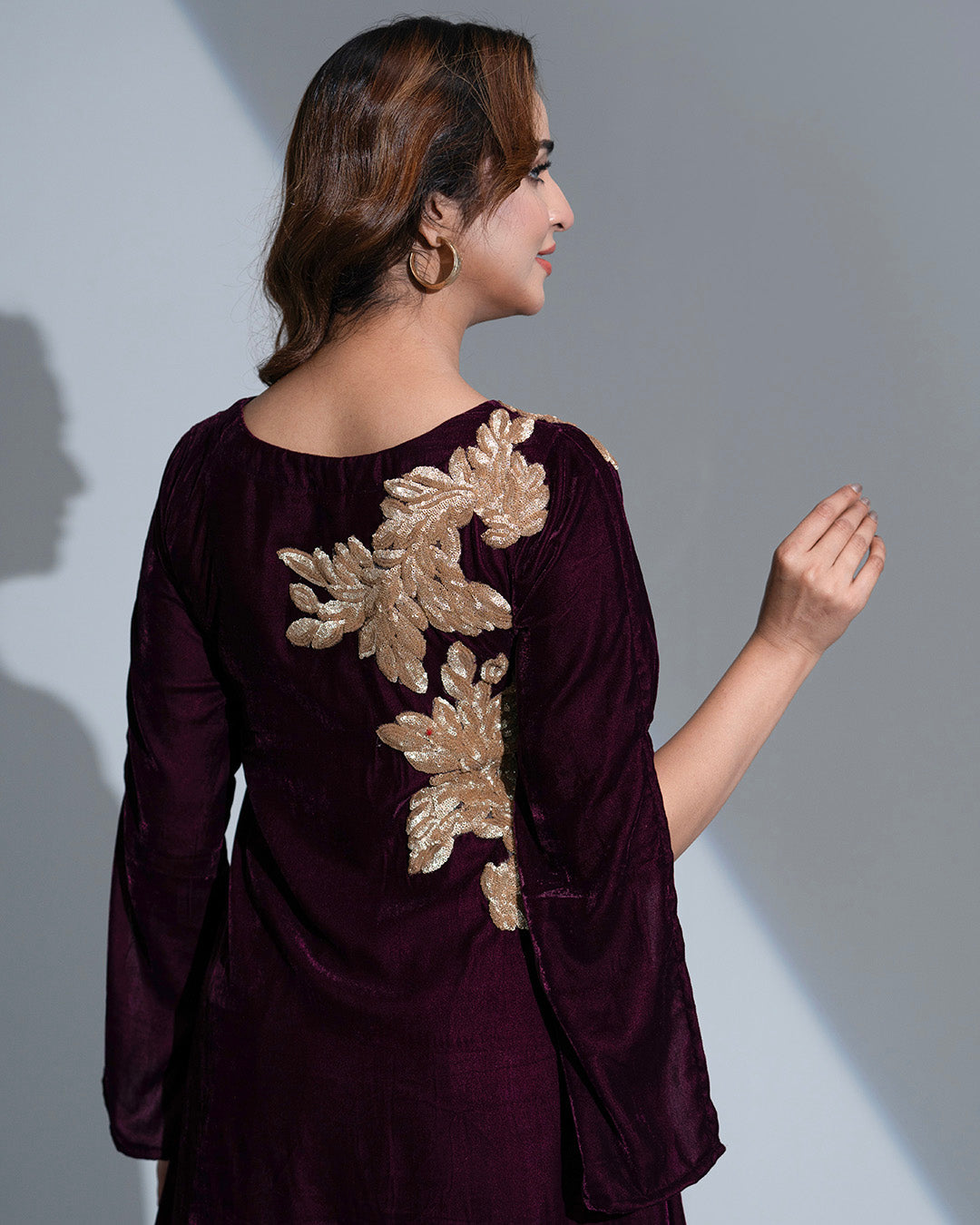 ZarinaX 3-Piece Suit: Damson Velvet, Golden Karchupi, and Wide-Leg Silk Pants