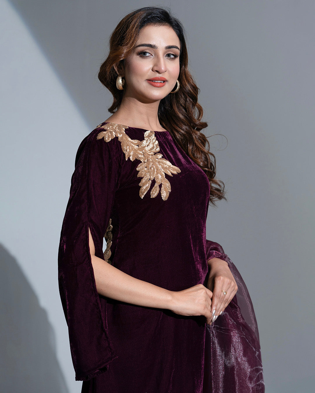 ZarinaX 3-Piece Suit: Damson Velvet, Golden Karchupi, and Wide-Leg Silk Pants