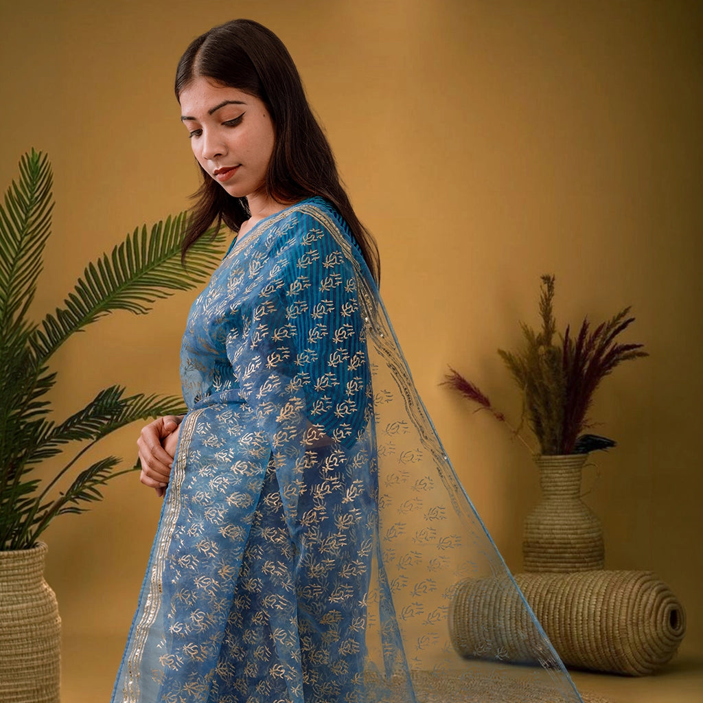 Luxury Eco GlazeX Organza Saree (Blue)