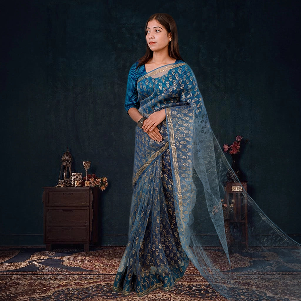 Luxury Eco GlazeX Organza Saree (Blue)