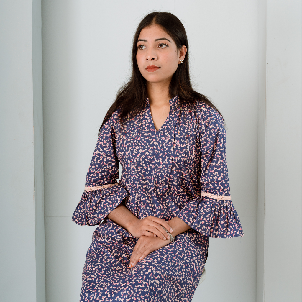 FloraX Kurti With Purple Cotton And Small Flower Print Lightweight Feel