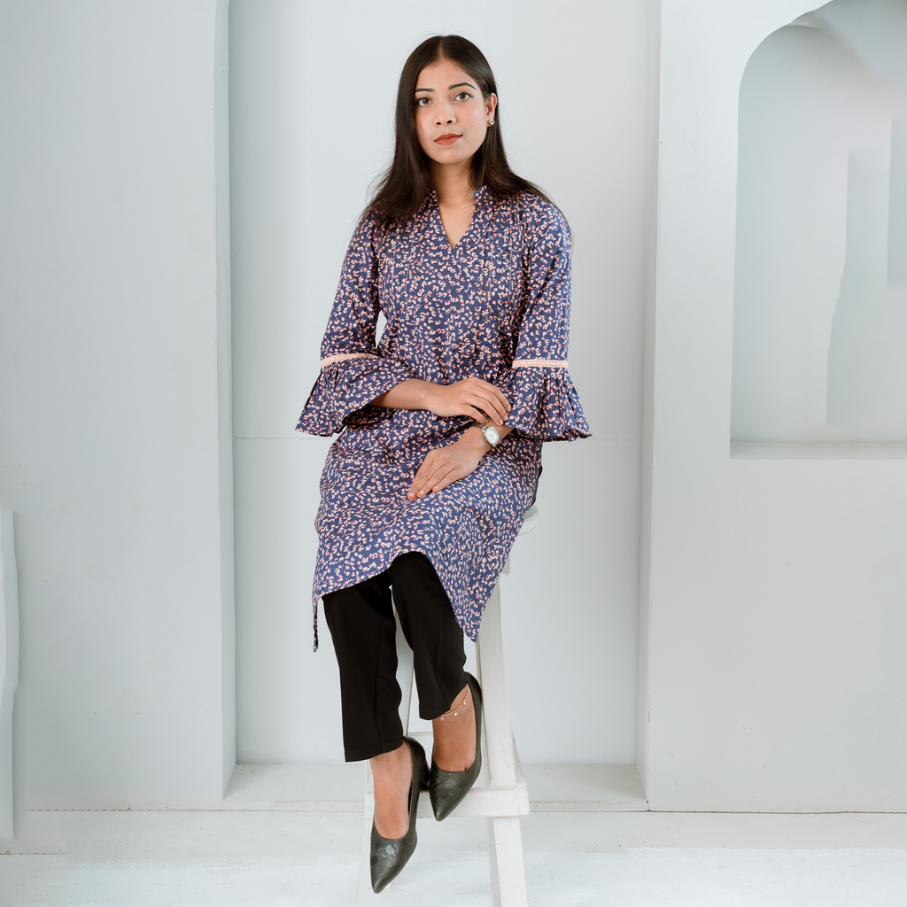 FloraX Kurti With Purple Cotton And Small Flower Print Lightweight Feel