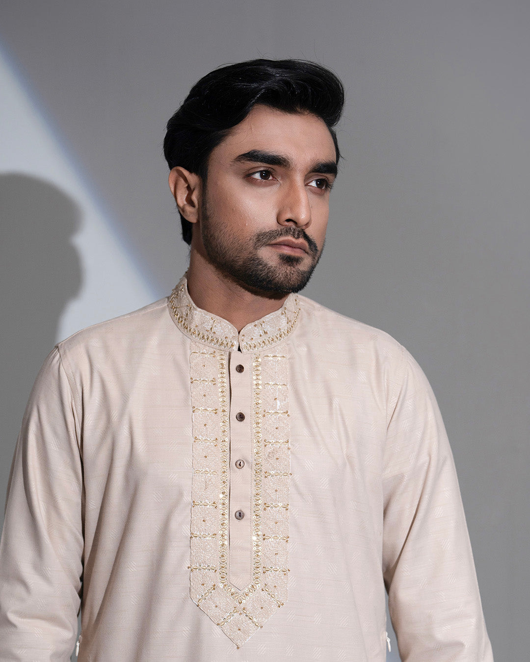 Imperial WeaveX Panjabi: Karchupi Embroidered Beige Jacquard