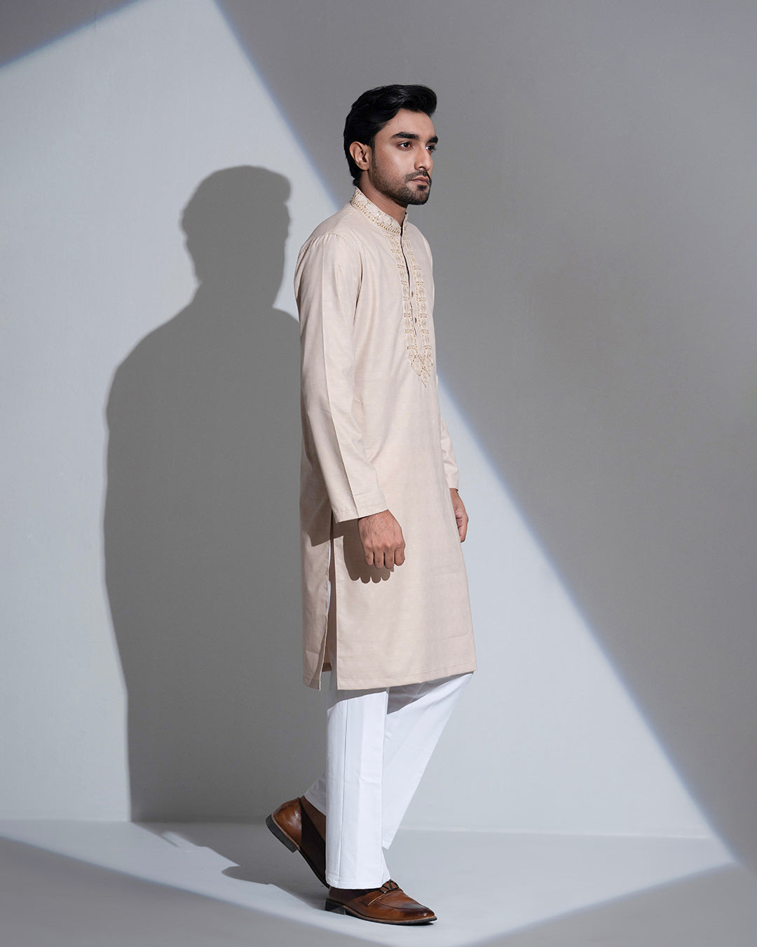 Imperial WeaveX Panjabi: Karchupi Embroidered Beige Jacquard