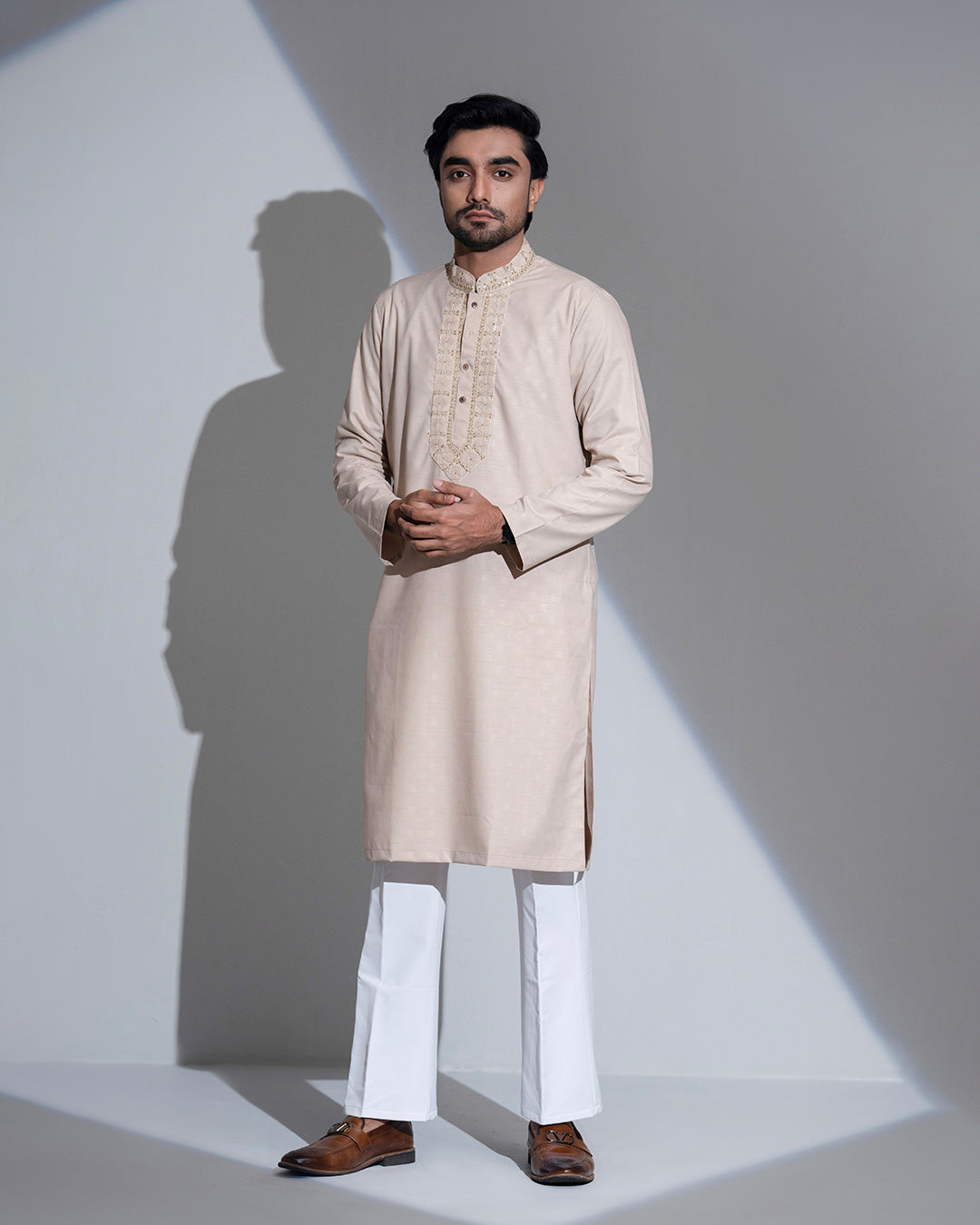 Imperial WeaveX Panjabi: Karchupi Embroidered Beige Jacquard