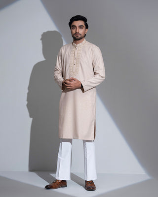 Imperial WeaveX Panjabi: Karchupi Embroidered Beige Jacquard