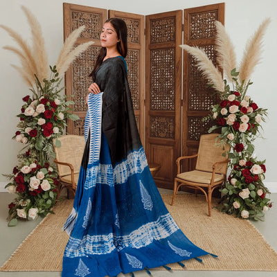 Classic Handcrafted Indigo NoirX Cotta Cotton Saree (Black & Blue Two-Tone)