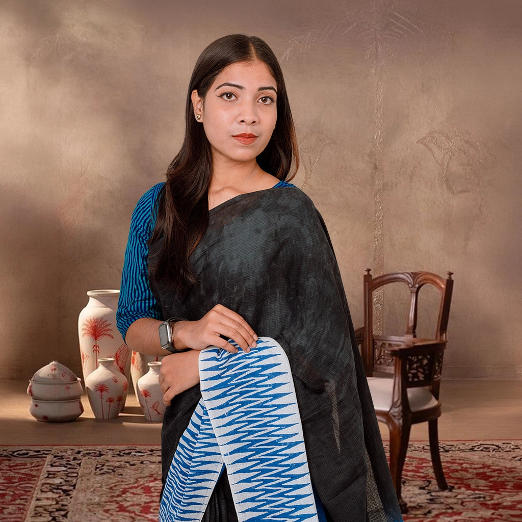 Classic Handcrafted Indigo NoirX Cotta Cotton Saree (Black & Blue Two-Tone)