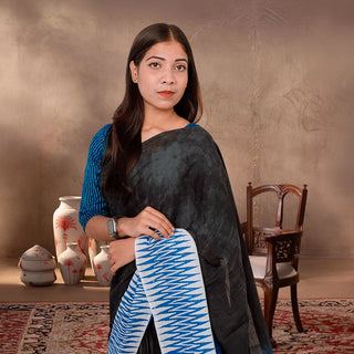 Classic Handcrafted Indigo NoirX Cotta Cotton Saree (Black & Blue Two-Tone)
