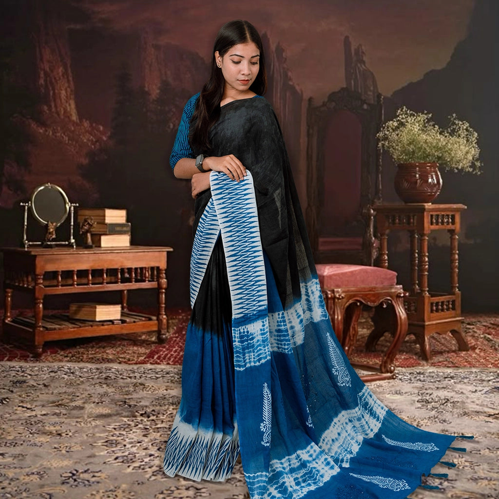 Classic Handcrafted Indigo NoirX Cotta Cotton Saree (Black & Blue Two-Tone)