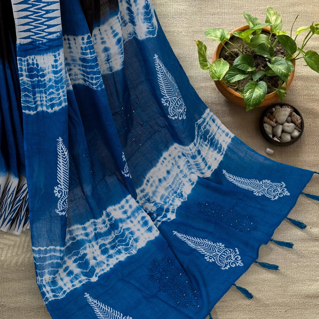 Classic Handcrafted Indigo NoirX Cotta Cotton Saree (Black & Blue Two-Tone)