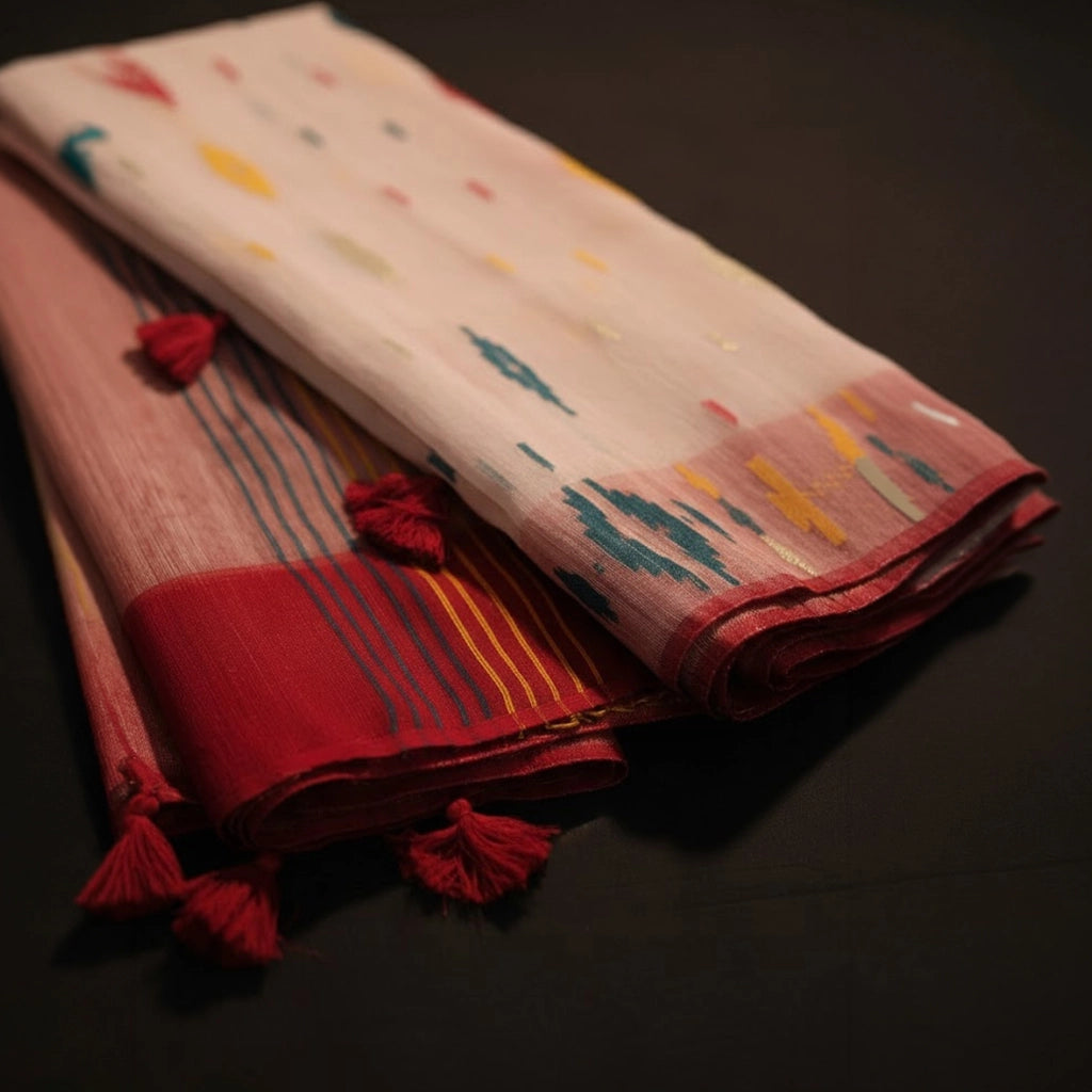 Red and White Handloom Dhakai Jamdani Saree: Classic Weave, Traditional Motifs