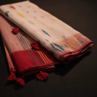 Red and White Handloom Dhakai Jamdani Saree: Classic Weave, Traditional Motifs
