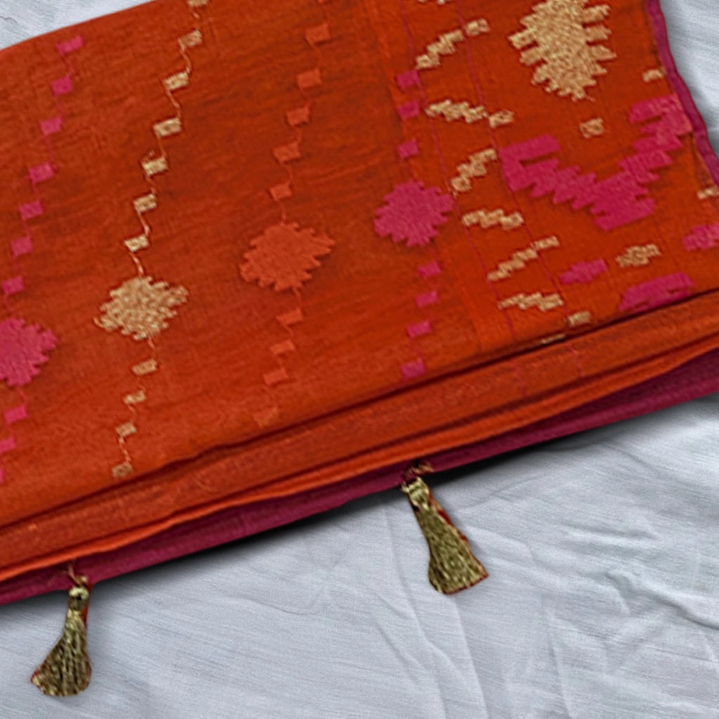 Vibrant Orange Handloom Dhakai Jamdani Saree: Lightweight Weave, Rich Motifs