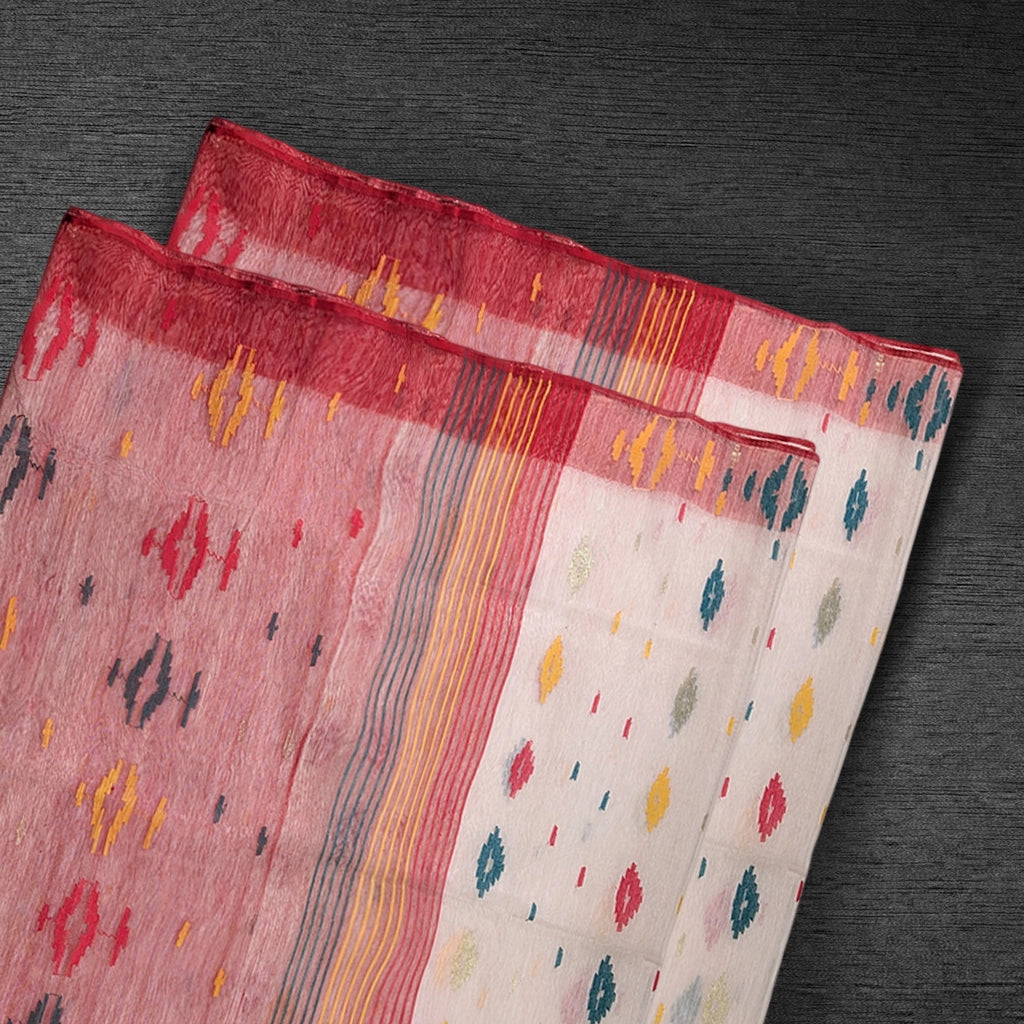 Red and White Handloom Dhakai Jamdani Saree: Classic Weave, Traditional Motifs
