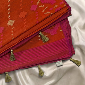 Vibrant Orange Handloom Dhakai Jamdani Saree: Lightweight Weave, Rich Motifs