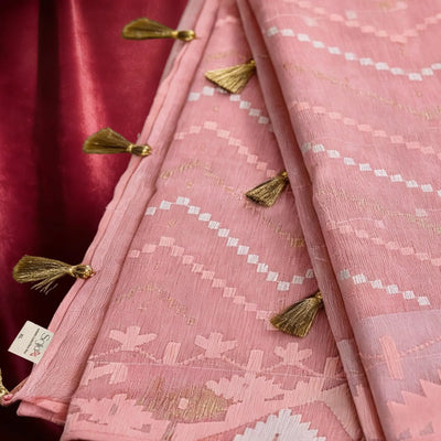 Soft Pink Handloom Dhakai Jamdani Saree: Pure Cotton, Intricate Motifs