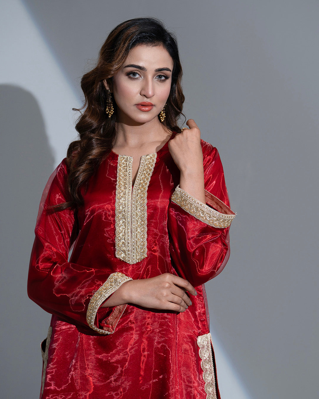 JuiietX 3-Piece Suit: Sheer Maroon Organza, Delicate Lace, and Golden Jari