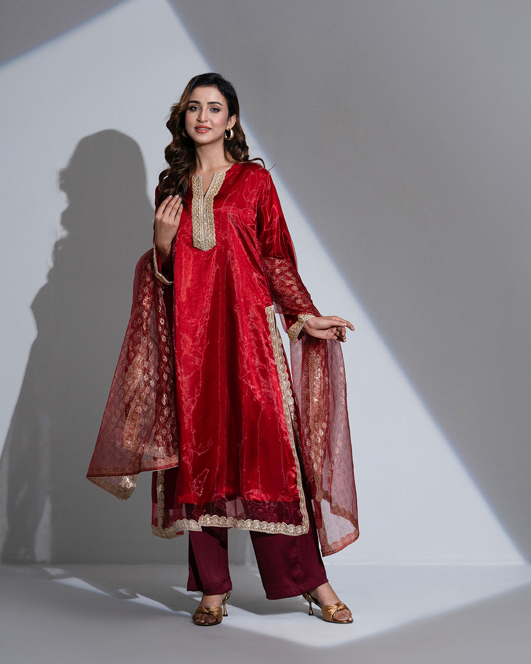 JuiietX 3-Piece Suit: Sheer Maroon Organza, Delicate Lace, and Golden Jari