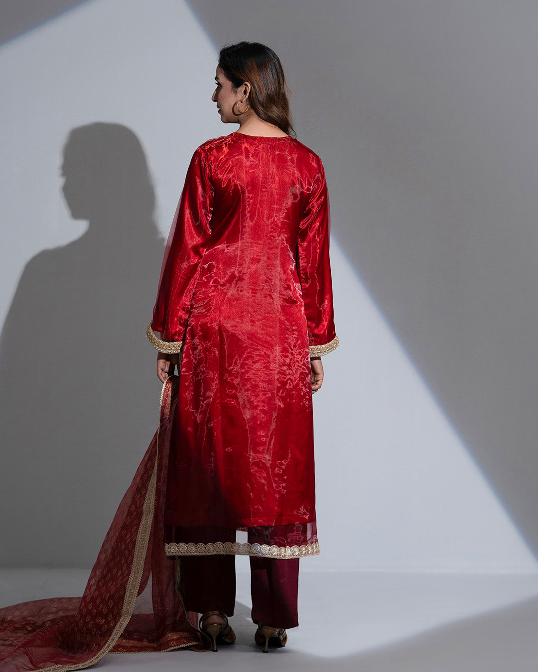 JuiietX 3-Piece Suit: Sheer Maroon Organza, Delicate Lace, and Golden Jari