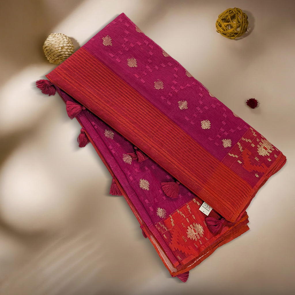 Classic Magenta Handloom Dhakai Jamdani Saree: Pure Cotton, Intricate Motifs