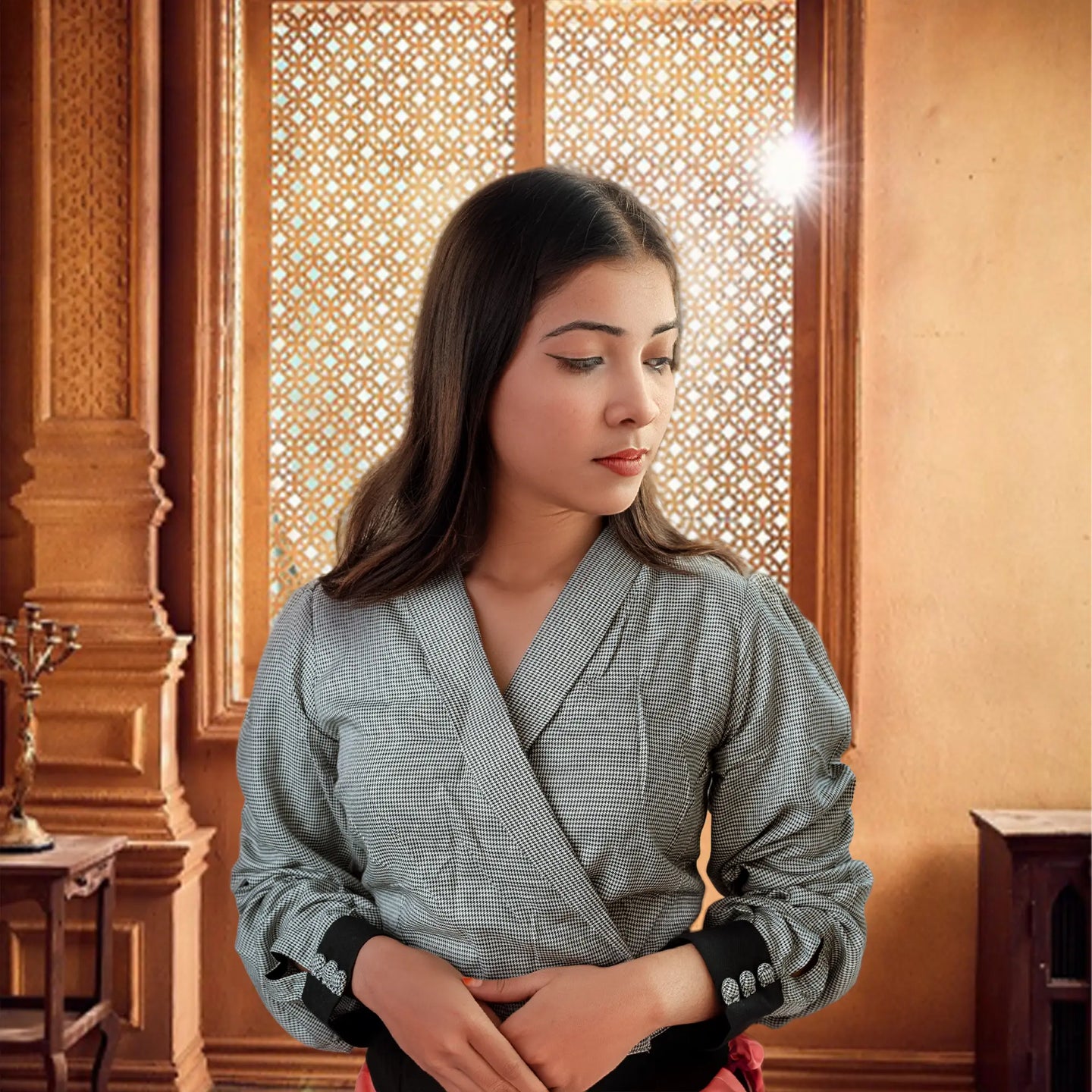 Mayfair JacketX Blouse: Check Print With Hand Embroidery