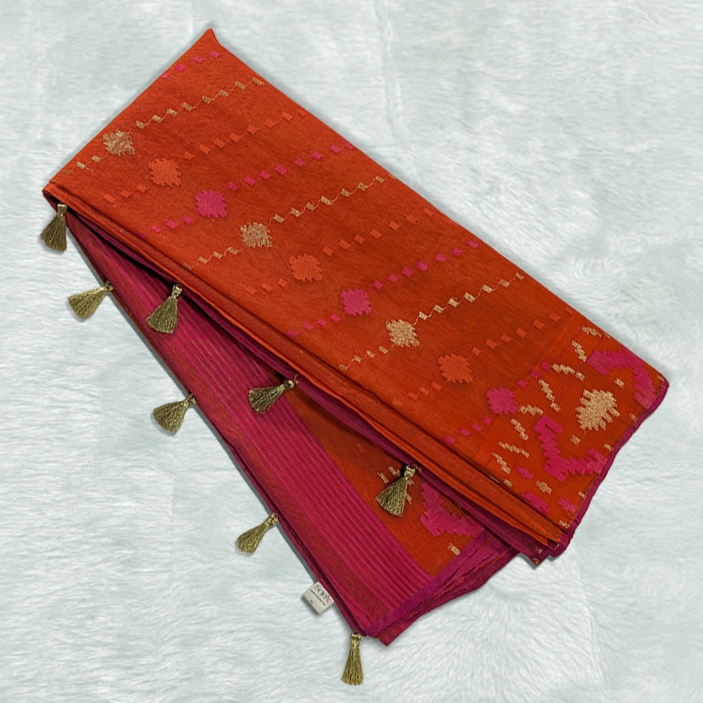 Vibrant Orange Handloom Dhakai Jamdani Saree: Lightweight Weave, Rich Motifs