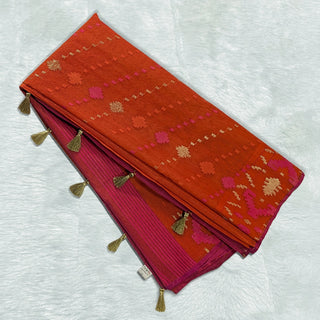 Vibrant Orange Handloom Dhakai Jamdani Saree: Lightweight Weave, Rich Motifs