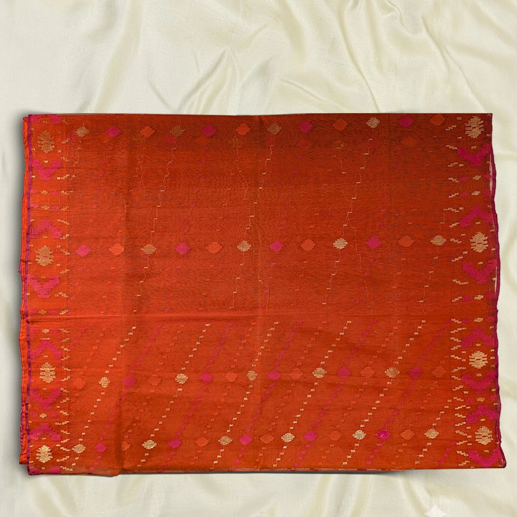 Vibrant Orange Handloom Dhakai Jamdani Saree: Lightweight Weave, Rich Motifs