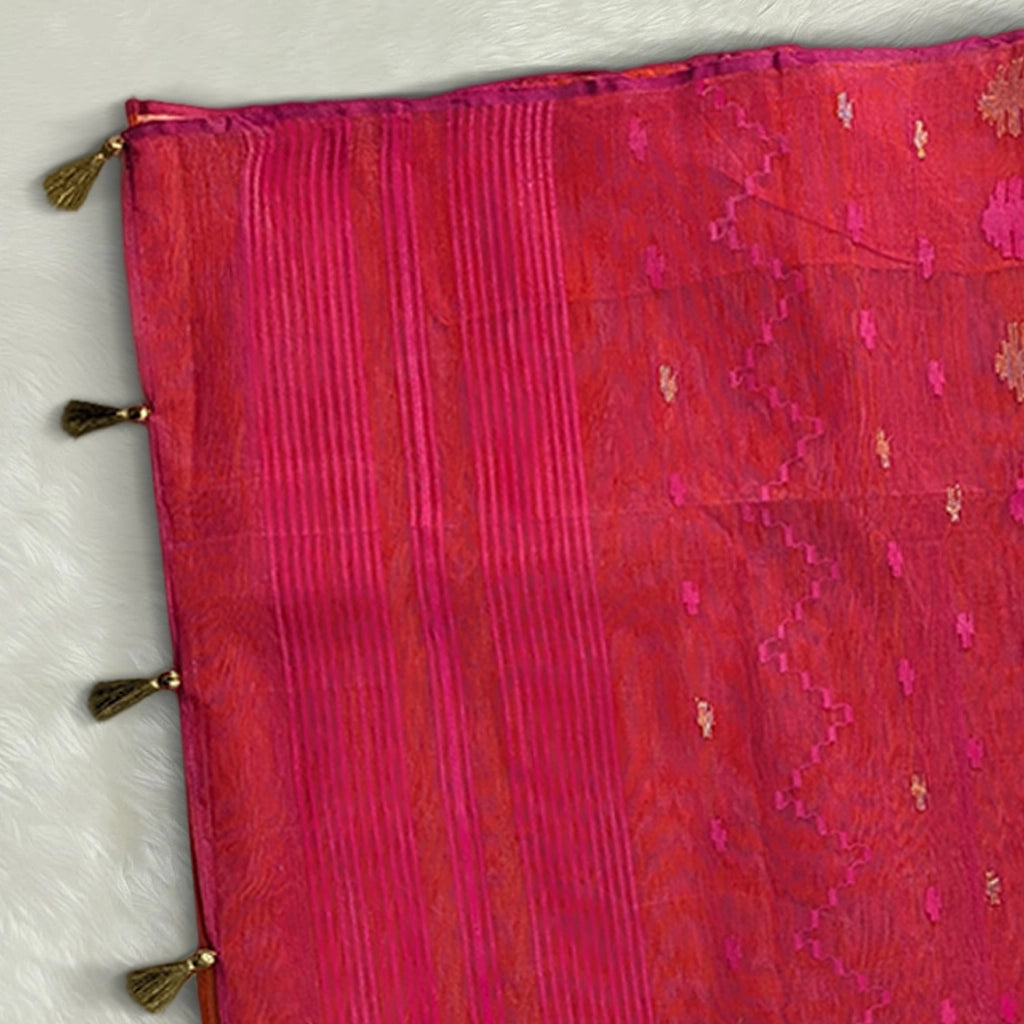 Vibrant Orange Handloom Dhakai Jamdani Saree: Lightweight Weave, Rich Motifs