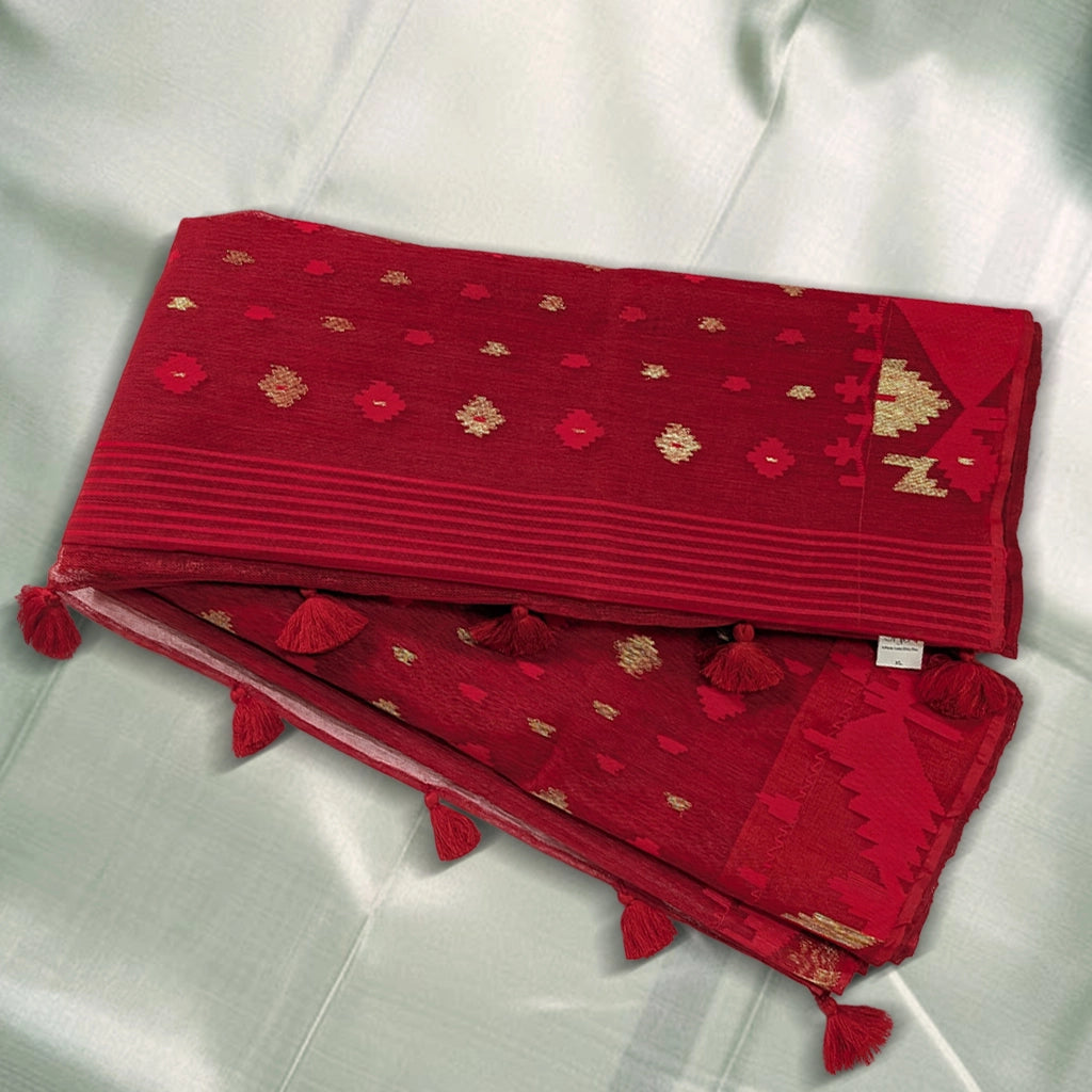 Radiant Red Handloom Dhakai Jamdani Saree: Premium Cotton, Intricate Motifs