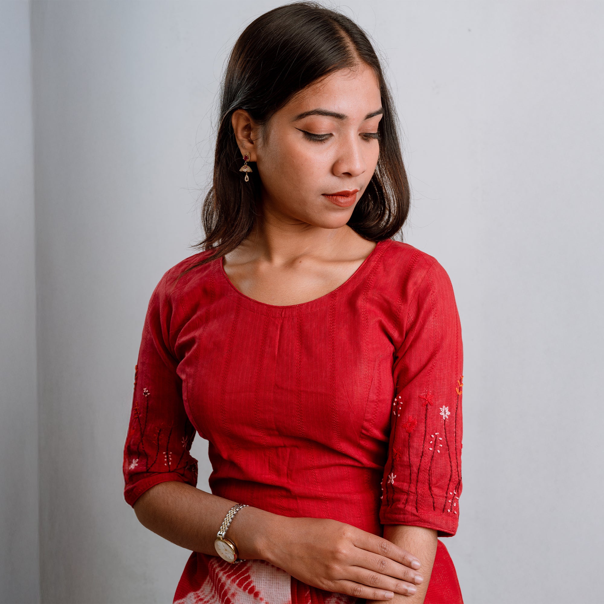 Red GardenX Cotton Blouse: Hand Embroidery & Princess Cut Design