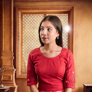 Red GardenX Cotton Blouse: Hand Embroidery & Princess Cut Design